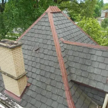 Slate shingle roof chimney view