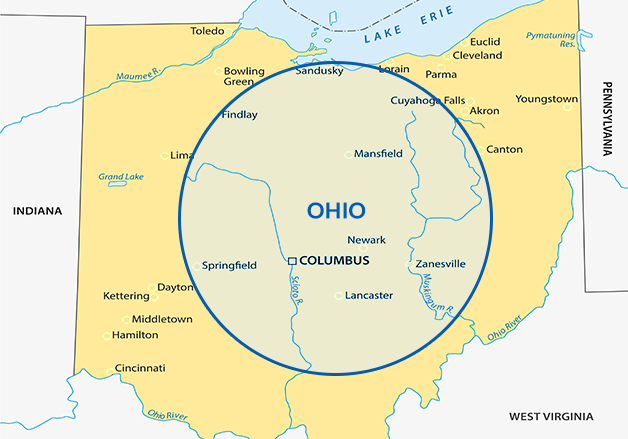 Ohio service area map roofing